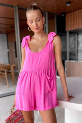Casual Solid Color Bamboo Round Neck Sleeveless Bow Loose Waist Romper